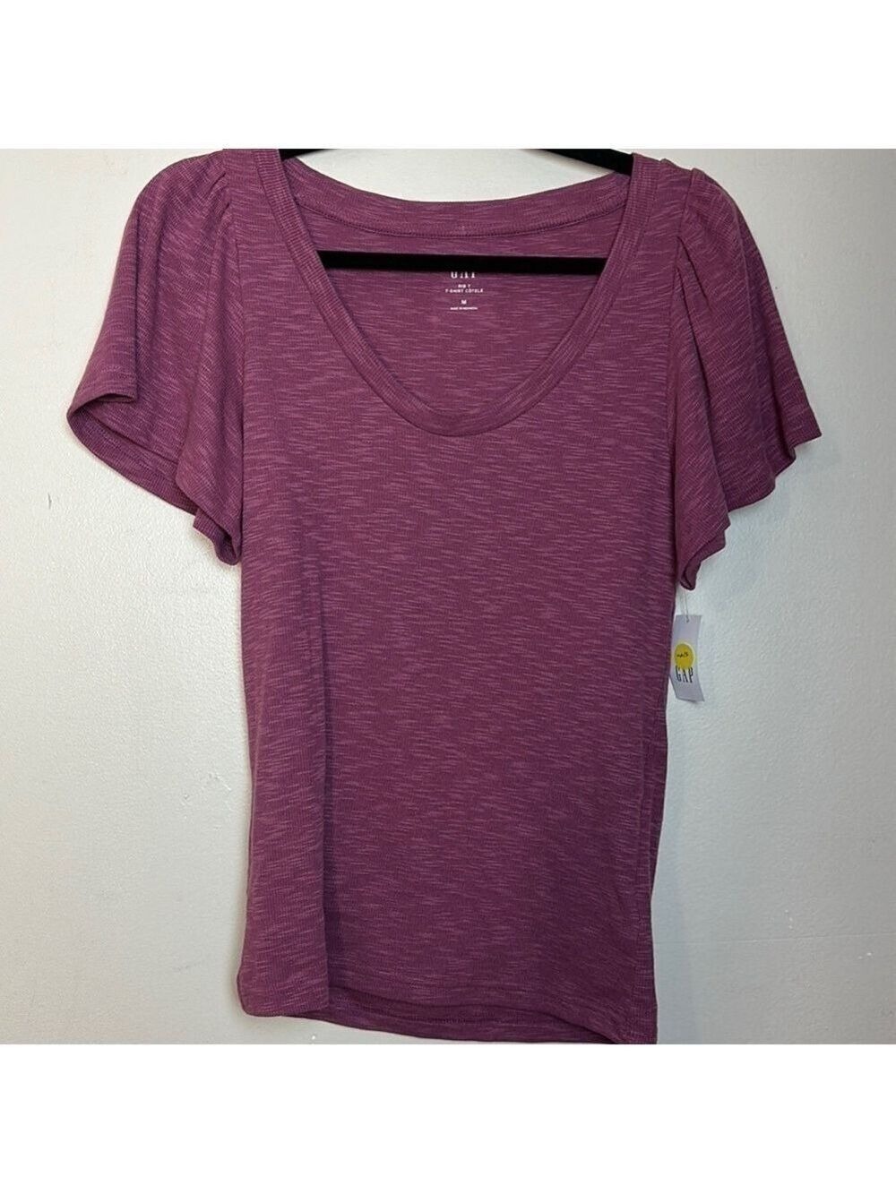 GAP Ruffle Sleeve Ribbed Scoop Neck Jersey Cotton Plum purple T-Shirt Top